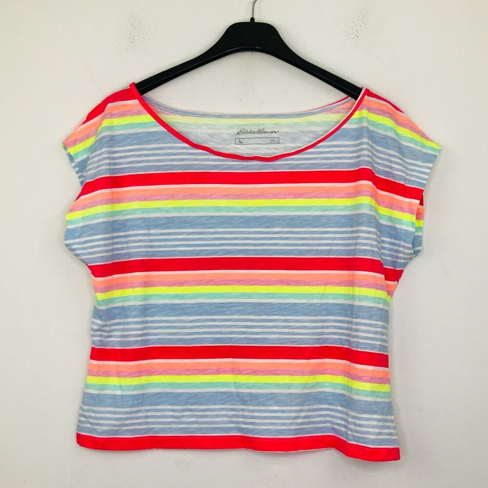 Eddie Bauer Women's Large T-Shirt Multicolor Neon Striped Dolman Crop Tee BK11